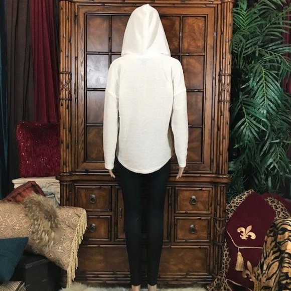 NWOT Tribal Ivory Chenille Drawstring Grommet Curved Hem Sweater Hoodie - Picture 7 of 16